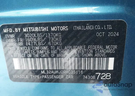 2024 Mitsubishi Mirage Es из США, поврежденный, VIN ML32AUHJ0RH035116